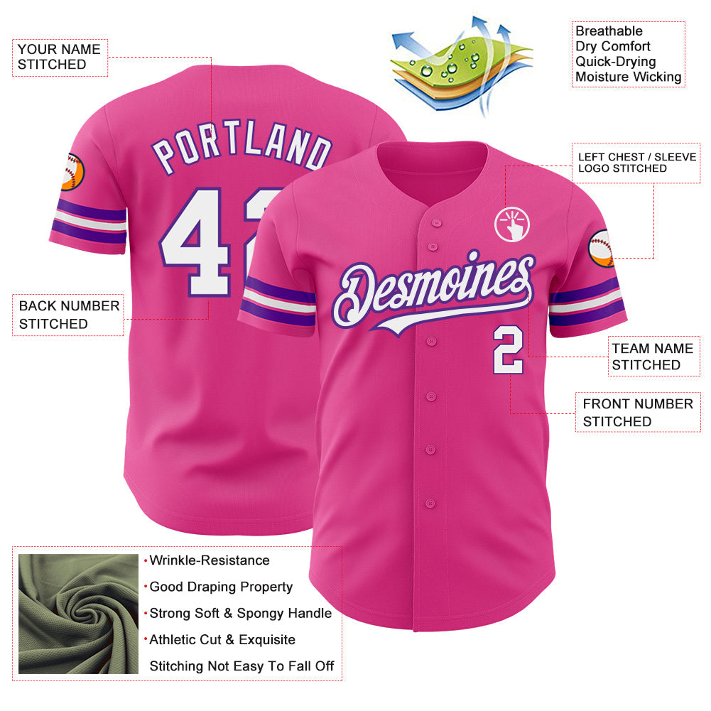 Custom Pink White-Purple Authentic Baseball Jersey - Sky-Custom
