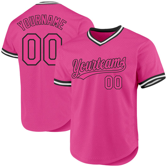 Custom Pink Black-White Authentic Throwback Baseball Jersey - Sky-Custom