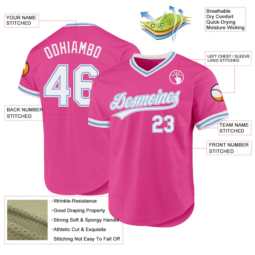 Custom Pink White-Light Blue Authentic Throwback Baseball Jersey - Sky-Custom