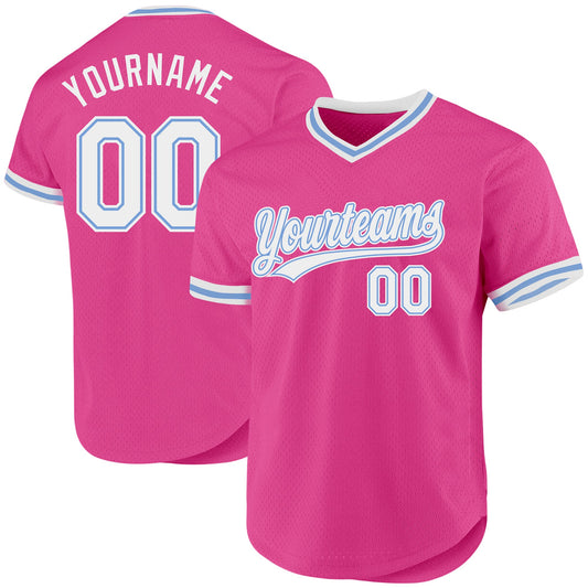 Custom Pink White-Light Blue Authentic Throwback Baseball Jersey - Sky-Custom