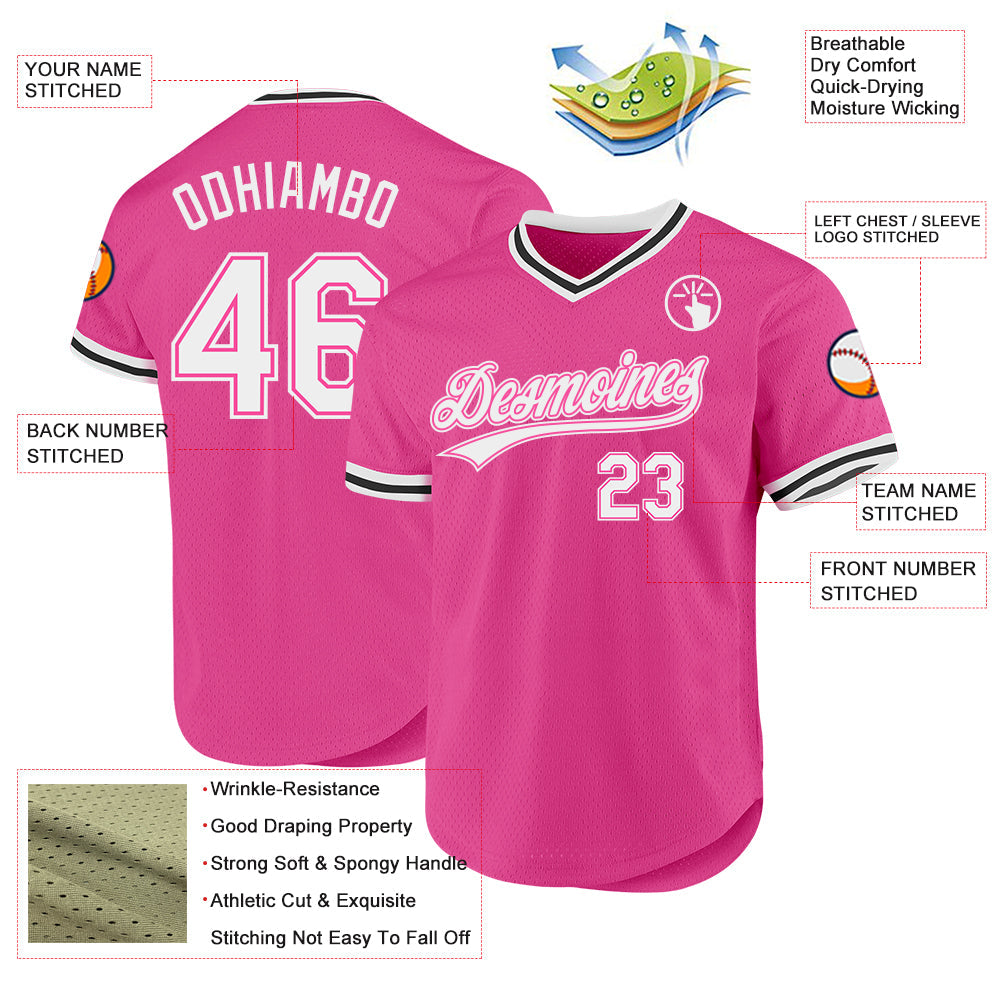 Custom Pink White-Black Authentic Throwback Baseball Jersey - Sky-Custom