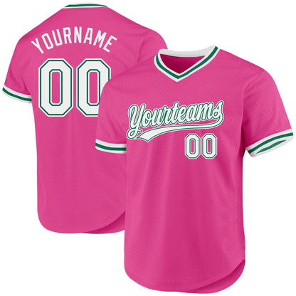 Custom Pink White-Kelly Green Authentic Throwback Baseball Jersey - Sky-Custom