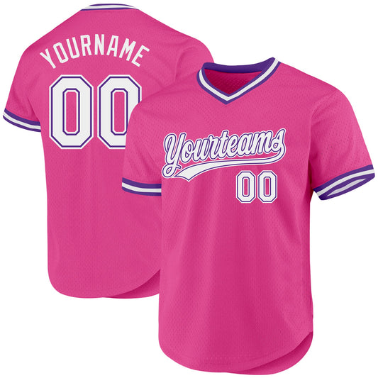Custom Pink White-Purple Authentic Throwback Baseball Jersey - Sky-Custom