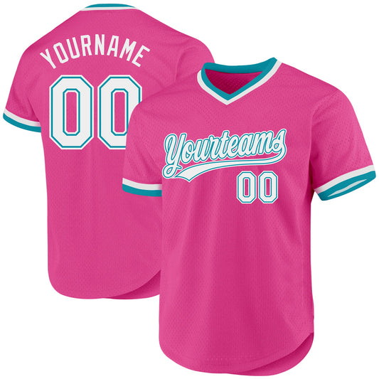 Custom Pink White-Teal Authentic Throwback Baseball Jersey - Sky-Custom
