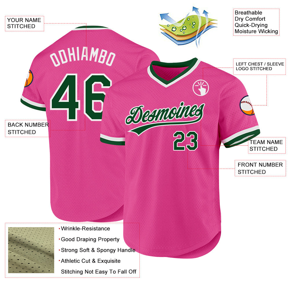 Custom Pink Green-White Authentic Throwback Baseball Jersey - Sky-Custom