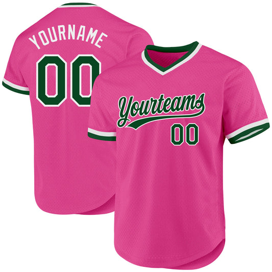 Custom Pink Green-White Authentic Throwback Baseball Jersey - Sky-Custom
