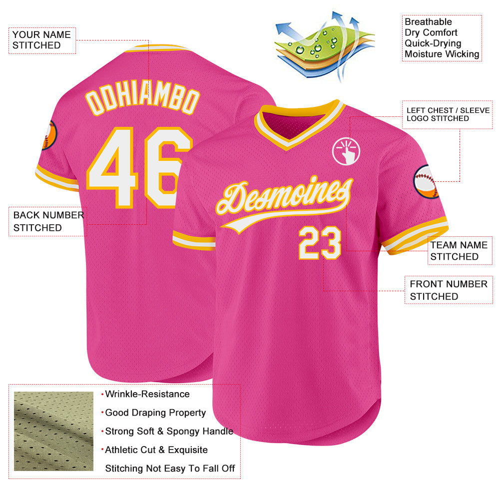 Custom Pink White-Gold Authentic Throwback Baseball Jersey - Sky-Custom