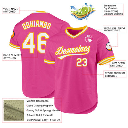Custom Pink White-Gold Authentic Throwback Baseball Jersey - Sky-Custom
