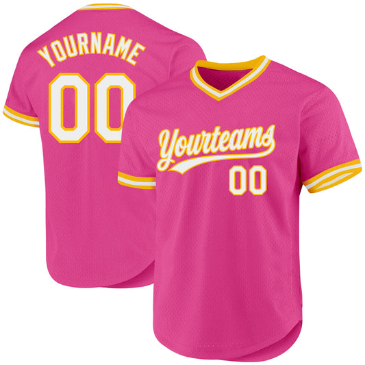 Custom Pink White-Gold Authentic Throwback Baseball Jersey - Sky-Custom