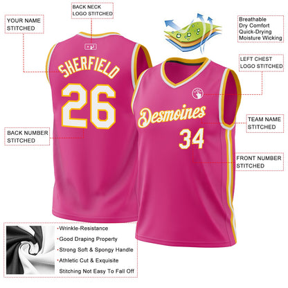 Custom Pink White-Gold Authentic Throwback Basketball Jersey - Sky-Custom