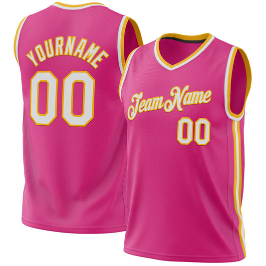 Custom Pink White-Gold Authentic Throwback Basketball Jersey - Sky-Custom
