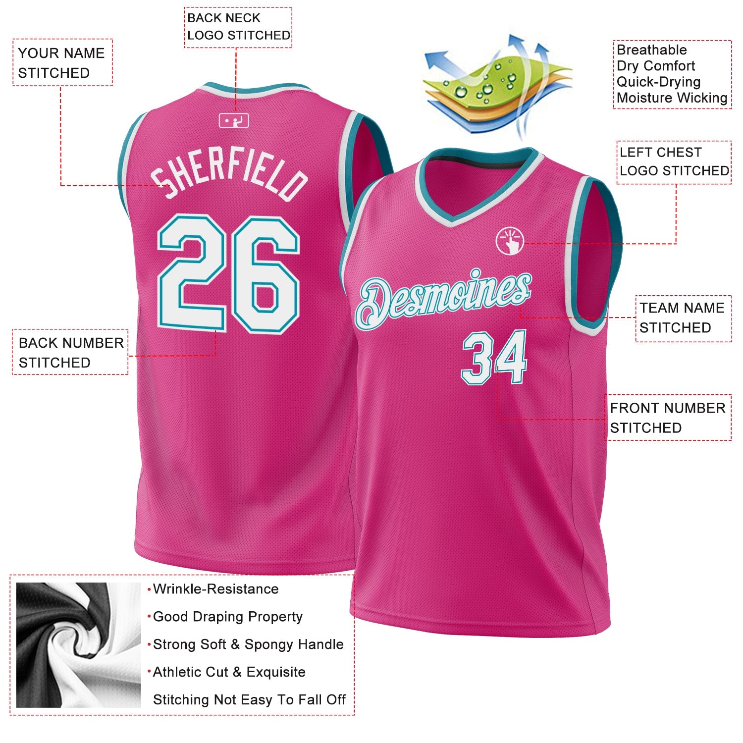Custom Pink White-Teal Authentic Throwback Basketball Jersey - Sky-Custom