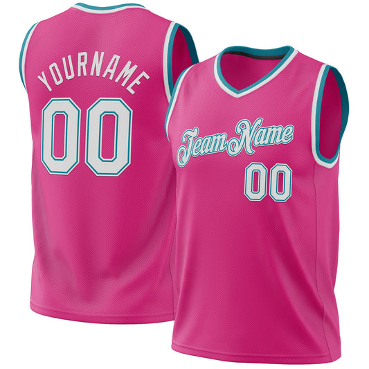 Custom Pink White-Teal Authentic Throwback Basketball Jersey - Sky-Custom