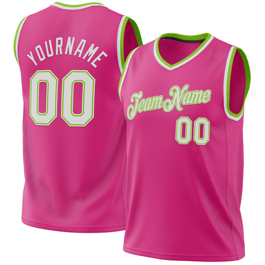 Custom Pink White-Neon Green Authentic Throwback Basketball Jersey - Sky-Custom
