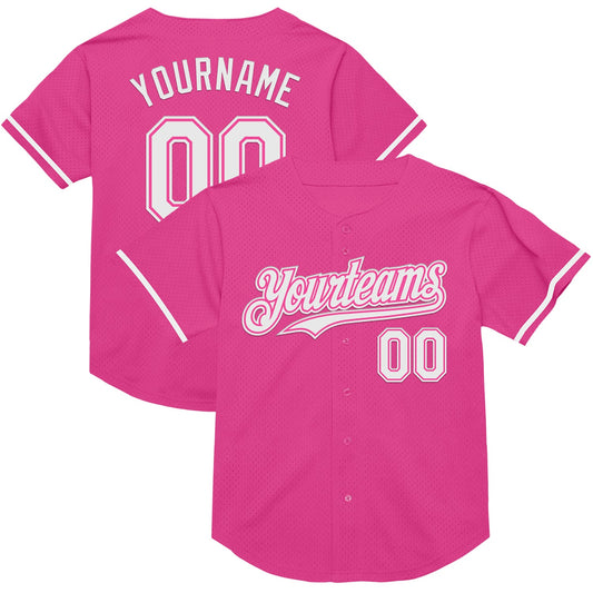Custom Pink White Mesh Authentic Throwback Baseball Jersey - Sky-Custom