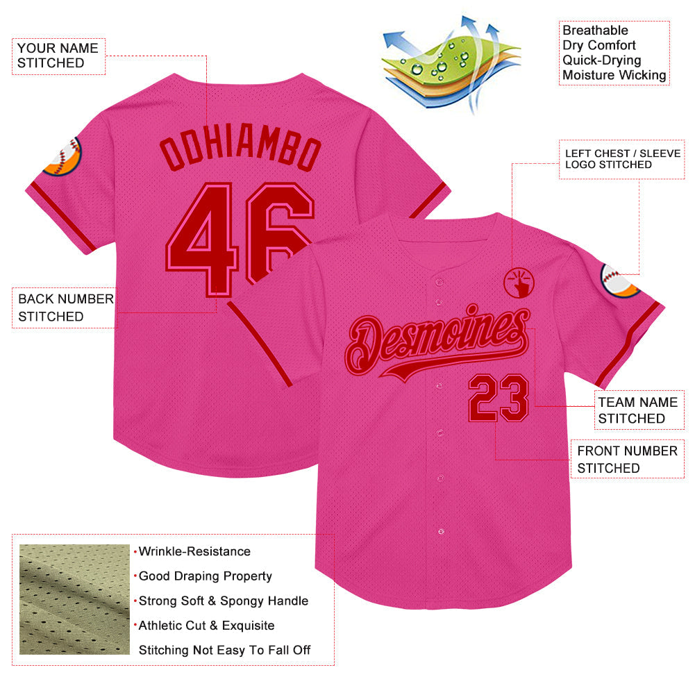 Custom Pink Red Mesh Authentic Throwback Baseball Jersey - Sky-Custom