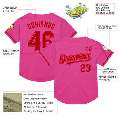Custom Pink Red Mesh Authentic Throwback Baseball Jersey - Sky-Custom