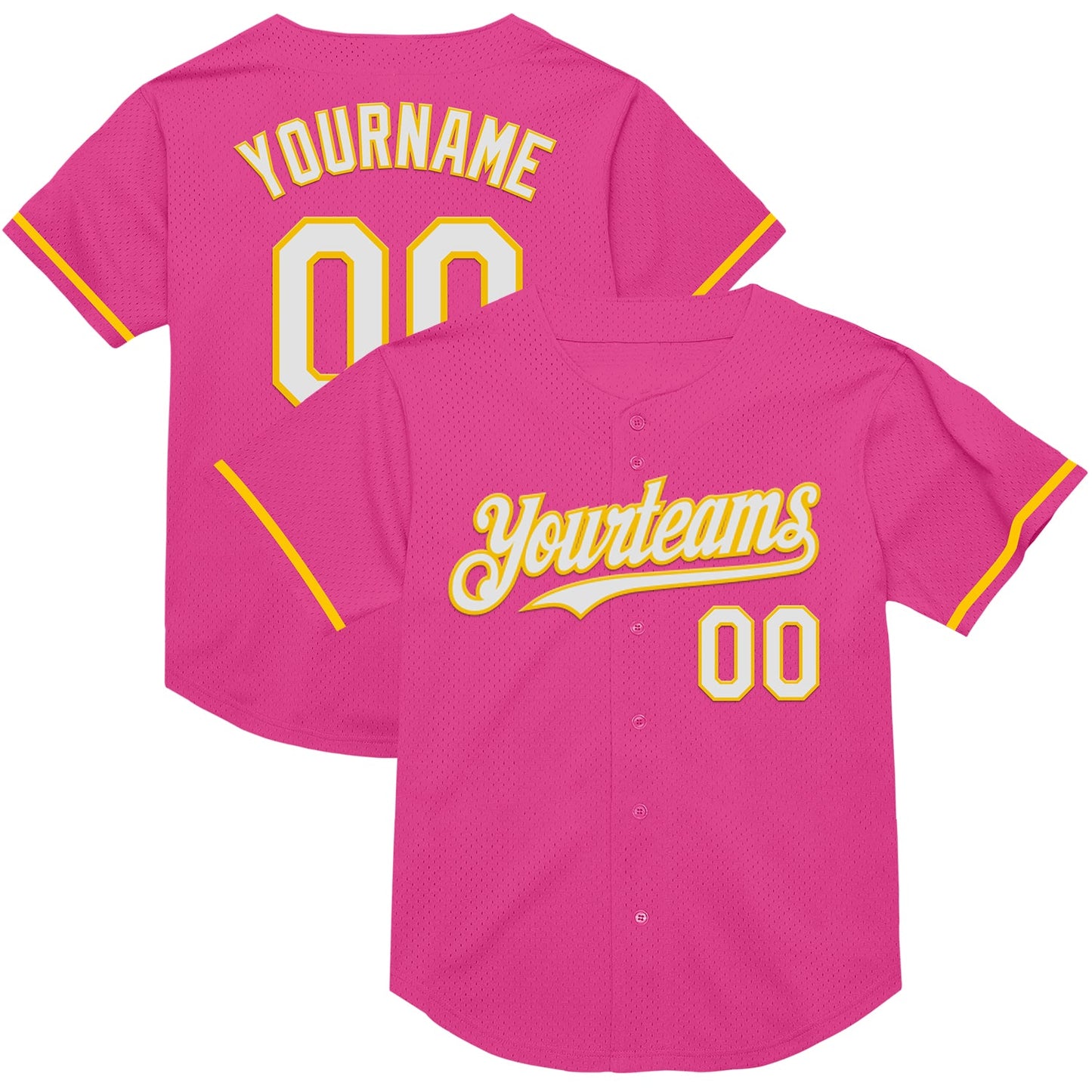 Custom Pink White-Yellow Mesh Authentic Throwback Baseball Jersey - Sky-Custom