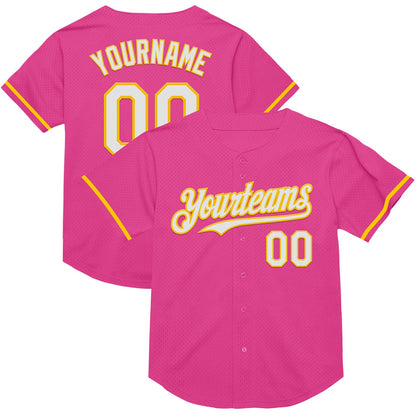 Custom Pink White-Yellow Mesh Authentic Throwback Baseball Jersey - Sky-Custom