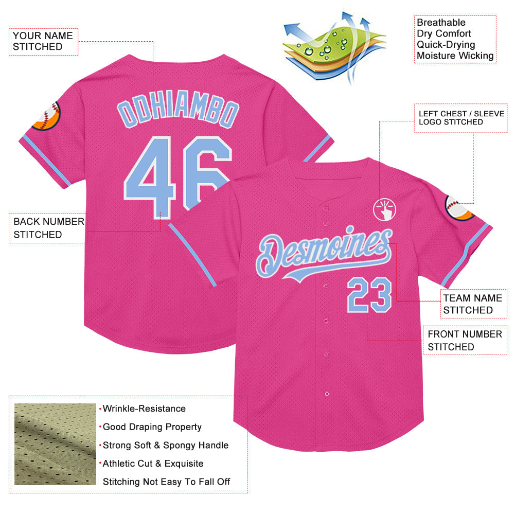 Custom Pink Light Blue-White Mesh Authentic Throwback Baseball Jersey - Sky-Custom