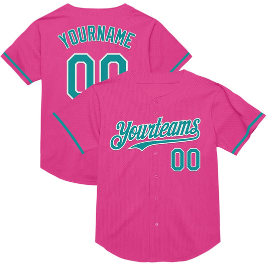 Custom Pink Teal-White Mesh Authentic Throwback Baseball Jersey - Sky-Custom