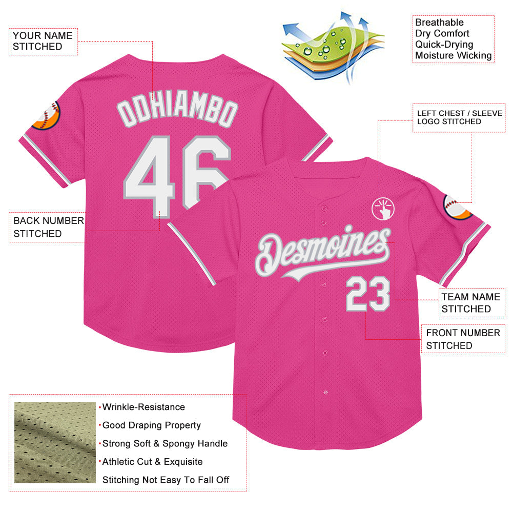 Custom Pink White-Gray Mesh Authentic Throwback Baseball Jersey - Sky-Custom