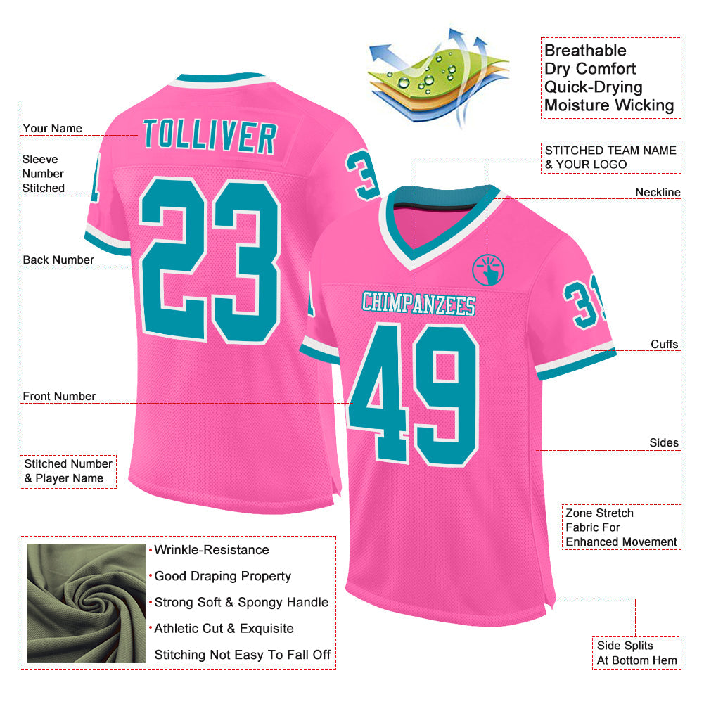 Custom Pink Teal-White Mesh Authentic Throwback Football Jersey - Sky-Custom