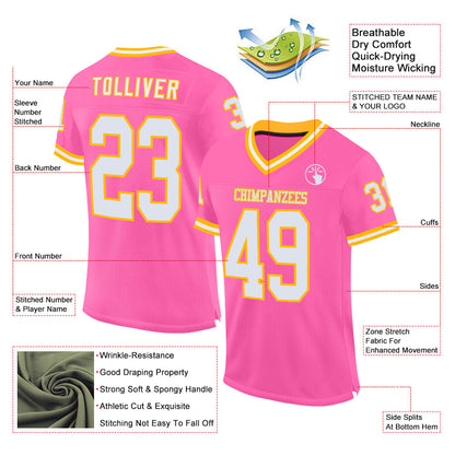 Custom Pink White-Gold Mesh Authentic Throwback Football Jersey - Sky-Custom
