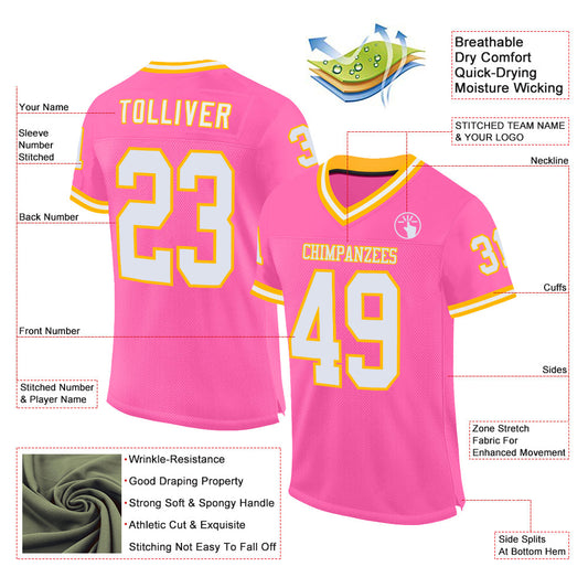 Custom Pink White-Gold Mesh Authentic Throwback Football Jersey - Sky-Custom