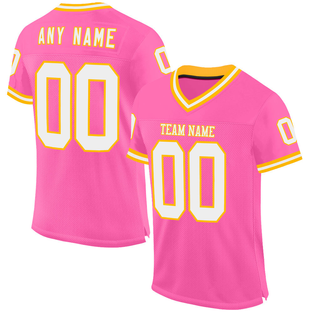 Custom Pink White-Gold Mesh Authentic Throwback Football Jersey - Sky-Custom