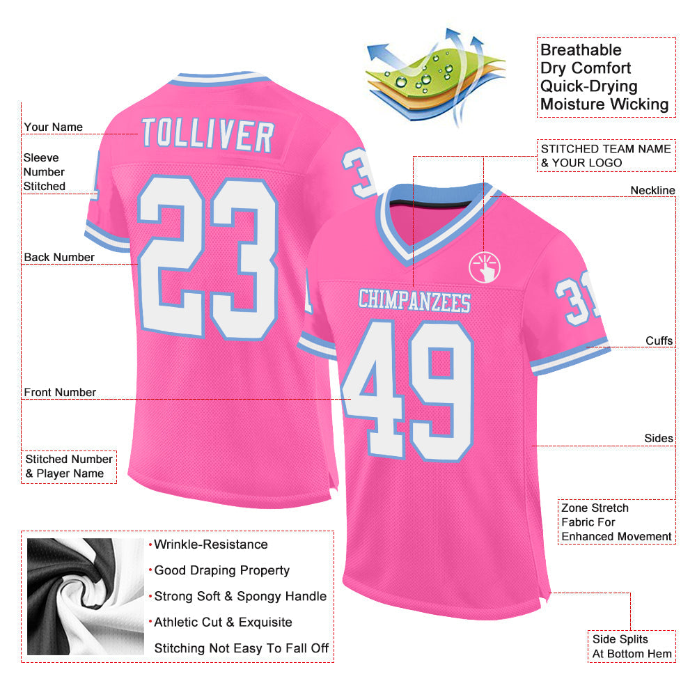 Custom Pink White-Light Blue Mesh Authentic Throwback Football Jersey - Sky-Custom