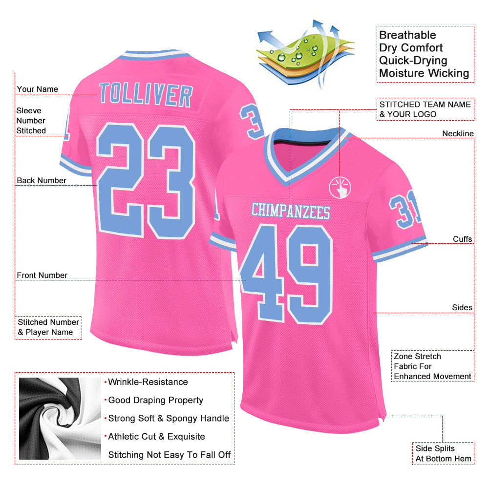 Custom Pink Light Blue-White Mesh Authentic Throwback Football Jersey - Sky-Custom
