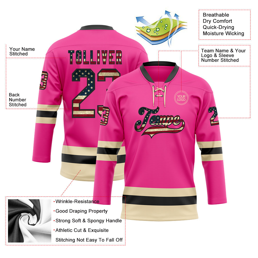Custom Pink Vintage USA Flag Black-Cream Hockey Lace Neck Jersey - Sky-Custom