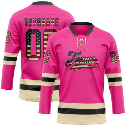 Custom Pink Vintage USA Flag Black-Cream Hockey Lace Neck Jersey - Sky-Custom