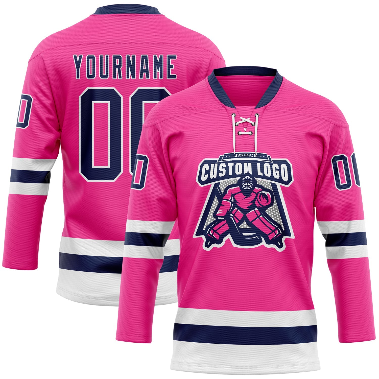 Custom Pink Navy-White Hockey Lace Neck Jersey - Sky-Custom