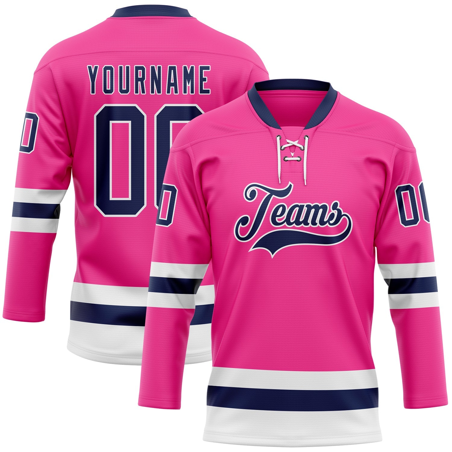 Custom Pink Navy-White Hockey Lace Neck Jersey - Sky-Custom