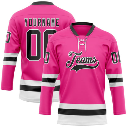 Custom Pink Black-White Hockey Lace Neck Jersey - Sky-Custom