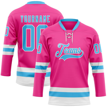 Custom Pink Sky Blue-White Hockey Lace Neck Jersey - Sky-Custom