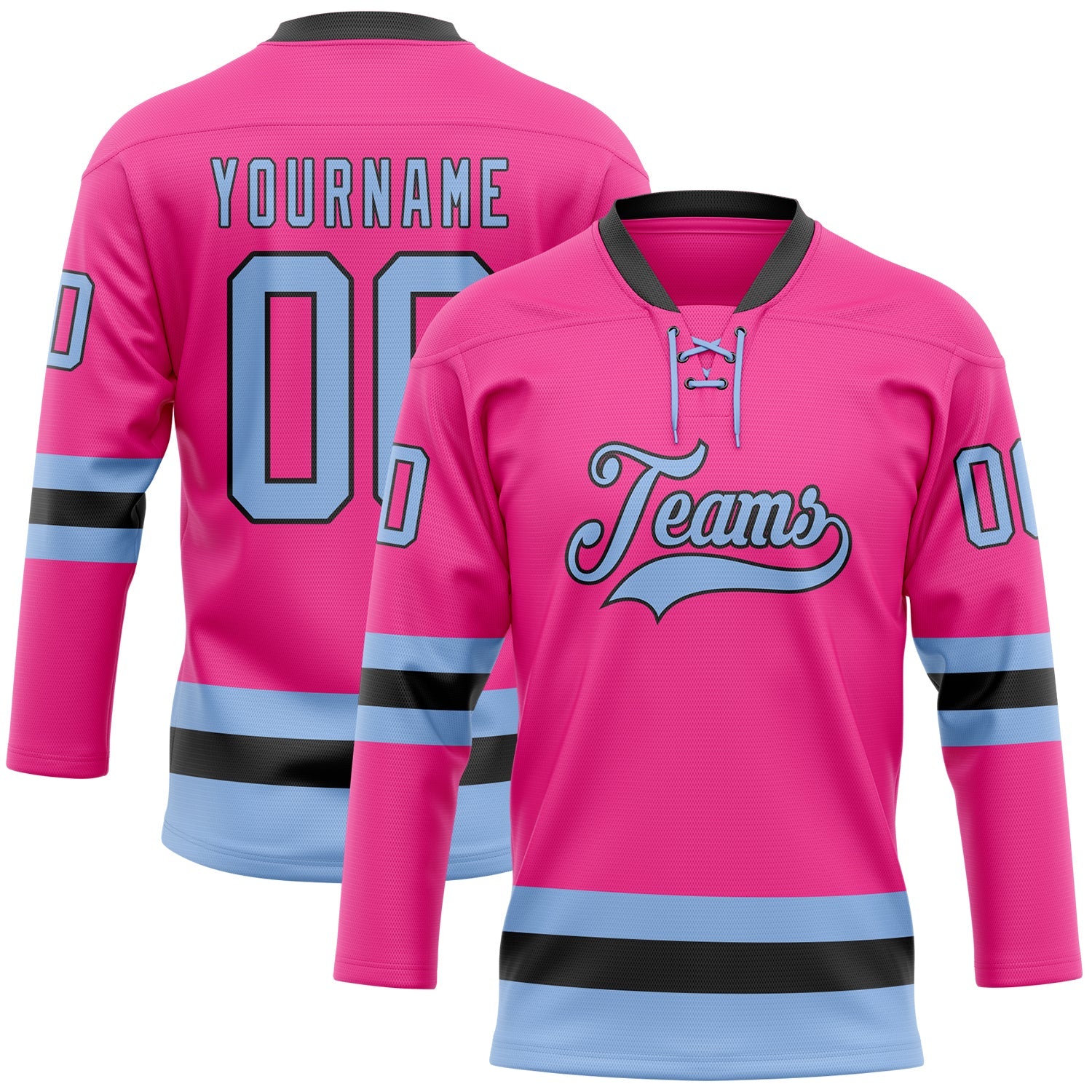Custom Pink Light Blue-Black Hockey Lace Neck Jersey - Sky-Custom