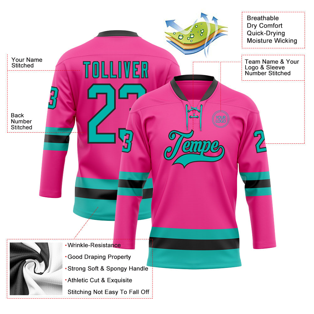 Custom Pink Aqua-Black Hockey Lace Neck Jersey - Sky-Custom
