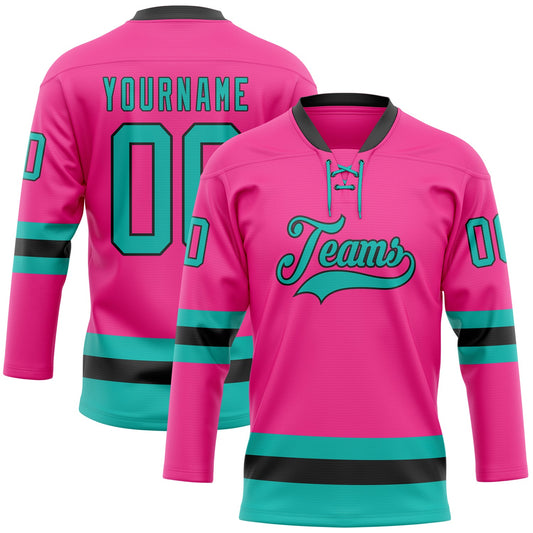 Custom Pink Aqua-Black Hockey Lace Neck Jersey - Sky-Custom