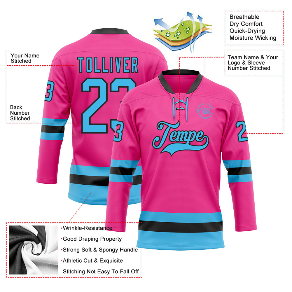 Custom Pink Sky Blue-Black Hockey Lace Neck Jersey - Sky-Custom