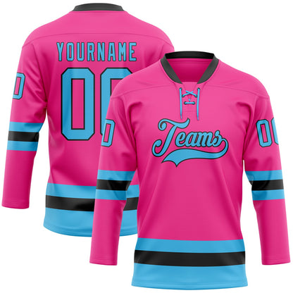 Custom Pink Sky Blue-Black Hockey Lace Neck Jersey - Sky-Custom