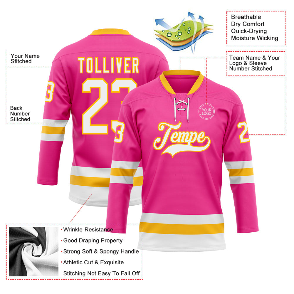 Custom Pink White-Gold Hockey Lace Neck Jersey - Sky-Custom