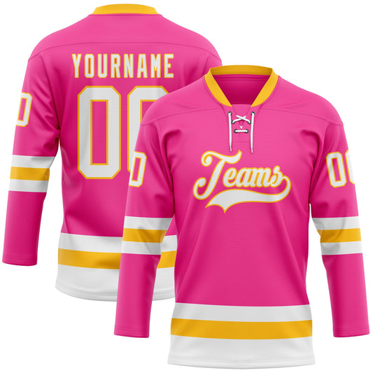 Custom Pink White-Gold Hockey Lace Neck Jersey - Sky-Custom