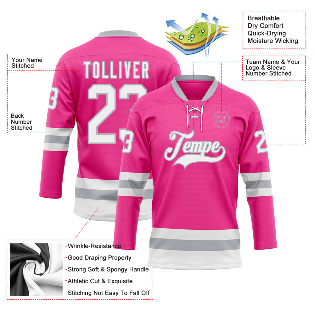 Custom Pink White-Gray Hockey Lace Neck Jersey - Sky-Custom