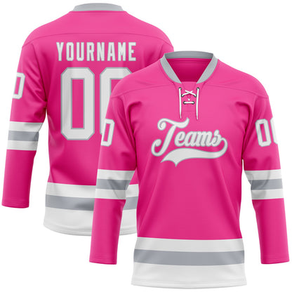 Custom Pink White-Gray Hockey Lace Neck Jersey - Sky-Custom