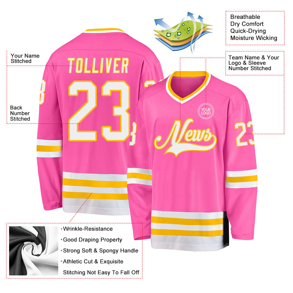 Custom Pink White-Gold Hockey Jersey - Sky-Custom