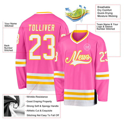 Custom Pink White-Gold Hockey Jersey - Sky-Custom