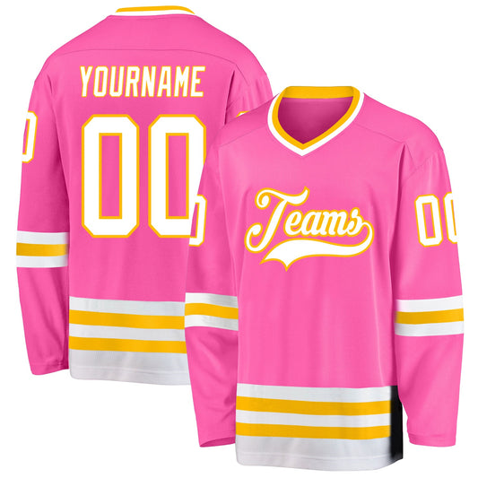 Custom Pink White-Gold Hockey Jersey - Sky-Custom